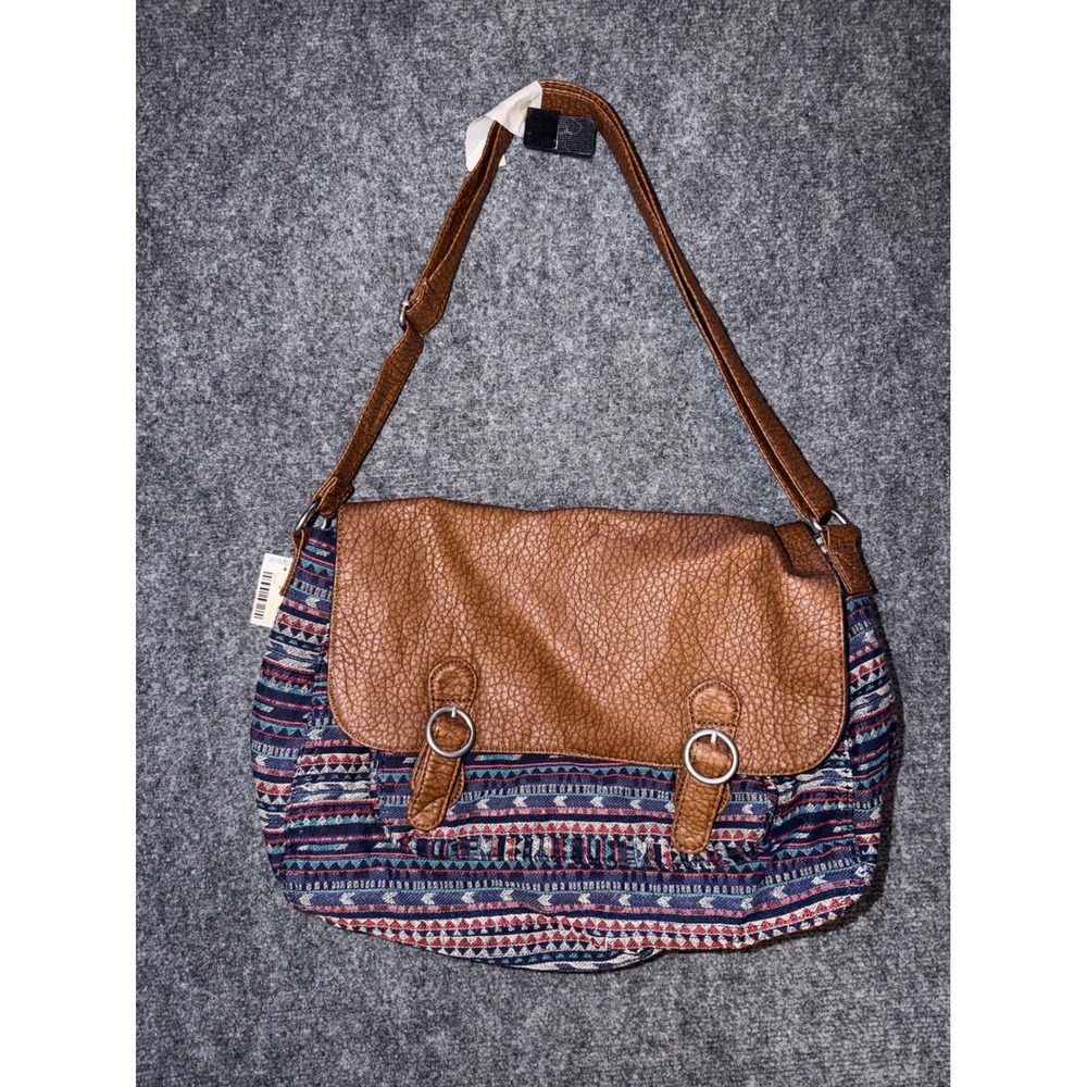 Aeropostale Tribal Print Crossbody Messenger Bag Faux Leather Trim Blue Red NWT